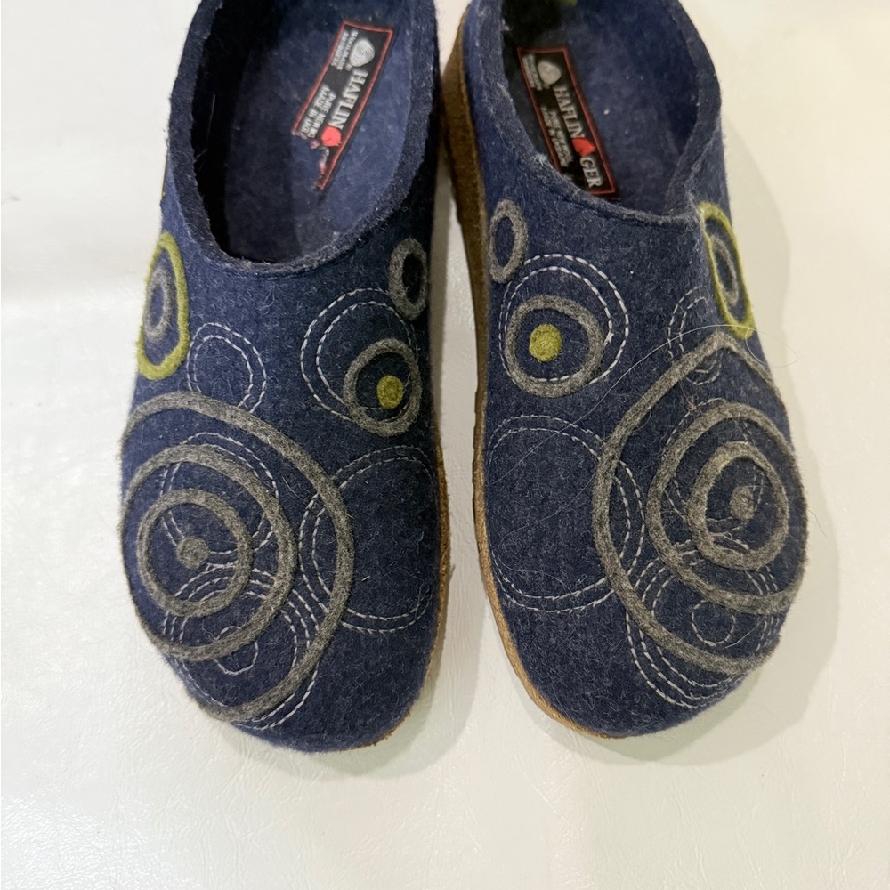 Haflinger Blue Wool Slippers with Spiral Accents
